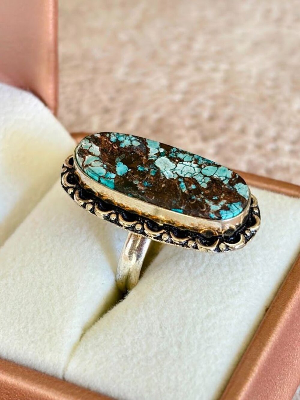 Tibetan Turquoise 925 Silver Plated Statement Ring Oval Boho - Size 6 - Picture 2 of 7